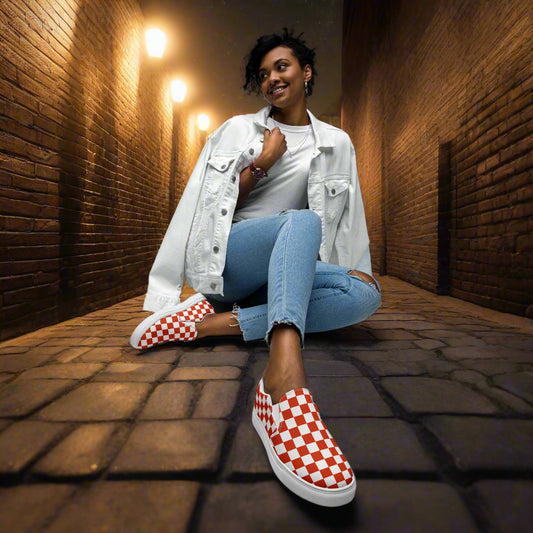 Stylish red Chex slip-on canvas shoes perfect for casual outings and everyday wear