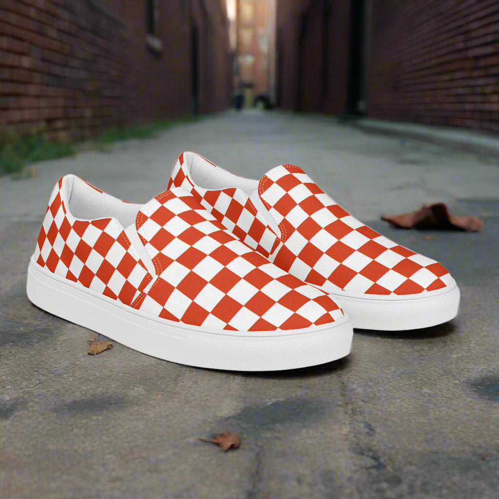 Red Chex Slip-on Canvas Shoes with a stylish checkerboard pattern for casual outings