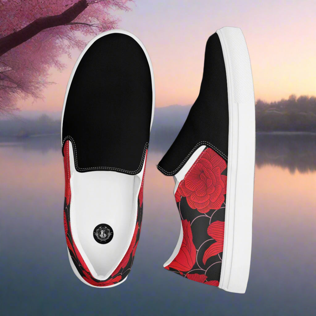 Red Lily Two Tone Slip-on Canvas Shoes featuring a stylish floral design with a black upper and red accents