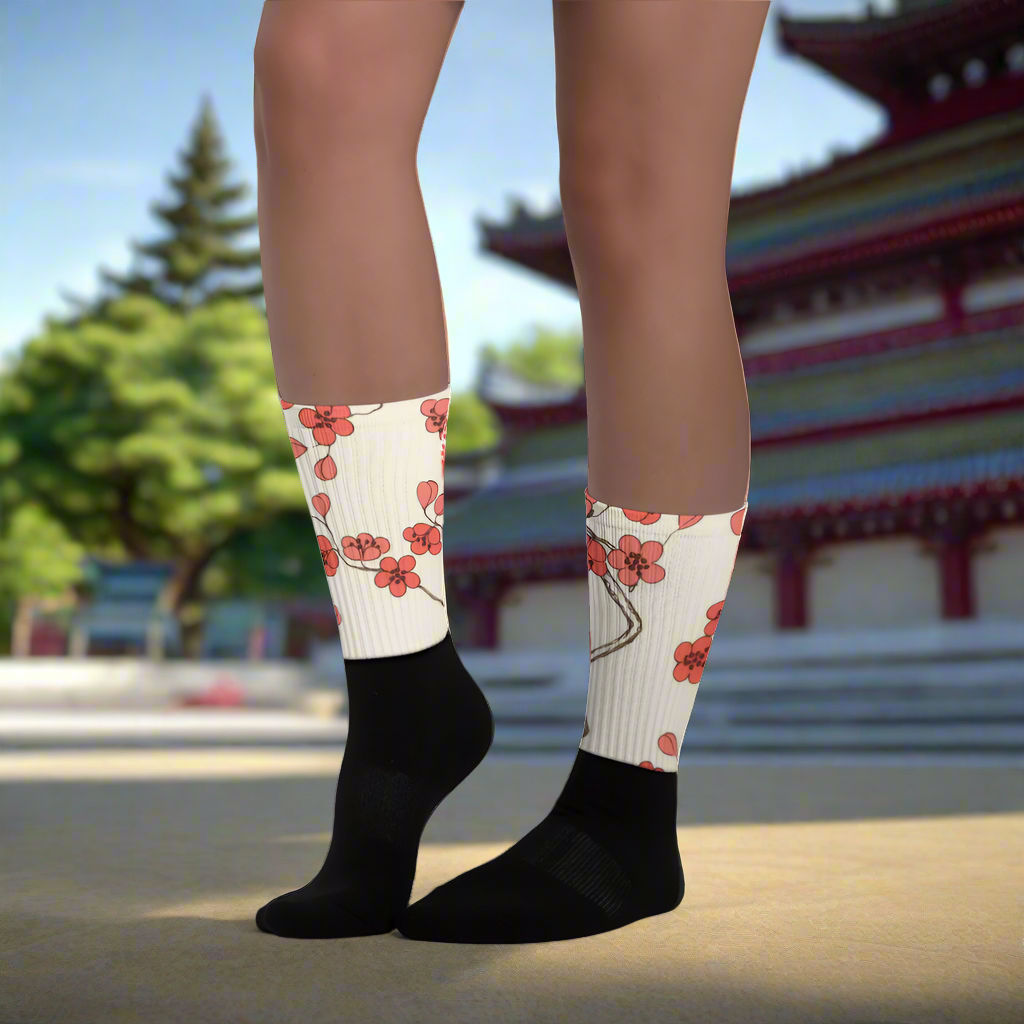 Red Plum Unisex Black Bottom Socks featuring floral designs and a comfortable fit for everyday wear