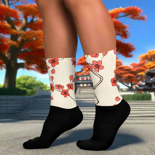 Red Plum Unisex Black Bottom Socks featuring a floral design with a black base for comfort