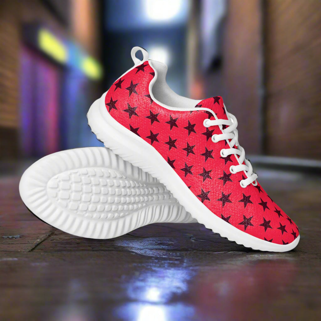 WildSage Market womens red athletic shoes with black star pattern white sole and laces Custom Athletic Shoes
