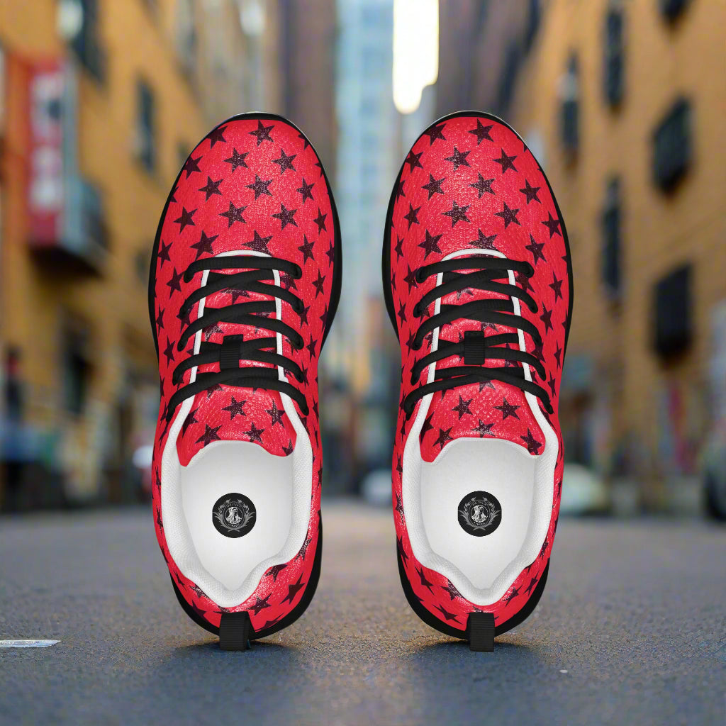 WildSage Market red star print Custom Athletic Shoes for women with black laces top view on city street