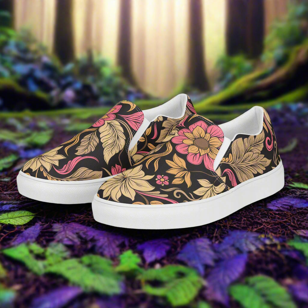 Retro Flower Slip-on Canvas Shoes featuring a vibrant floral pattern on a black background