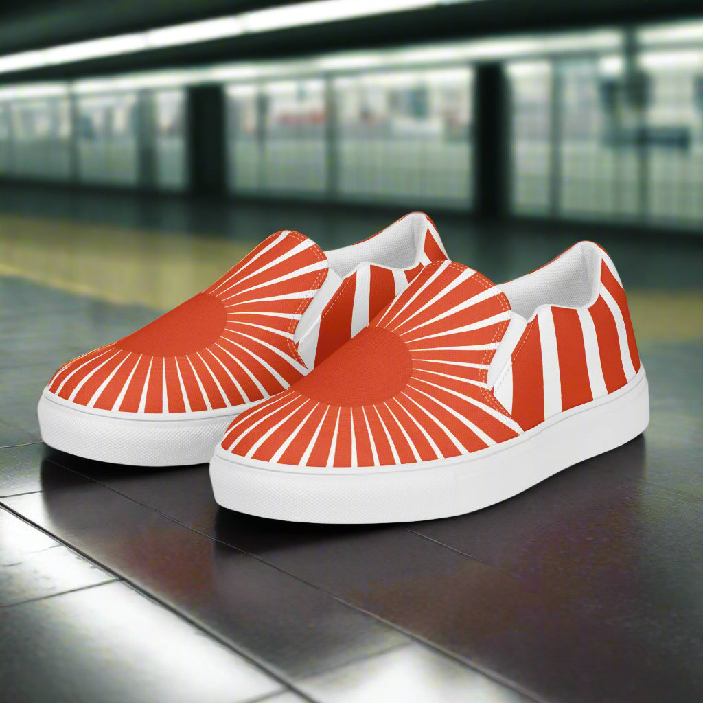 Rising Sun Slip-on Canvas Shoes featuring a vibrant red and white sunburst design for a stylish look