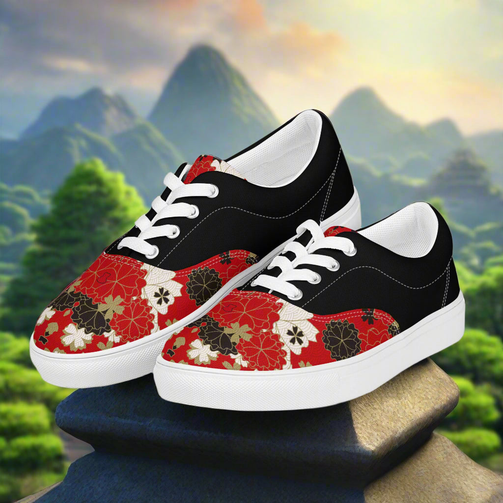 Custom Lace-up Canvas Shoes WildSage Market low top sneakers black upper red floral print white laces