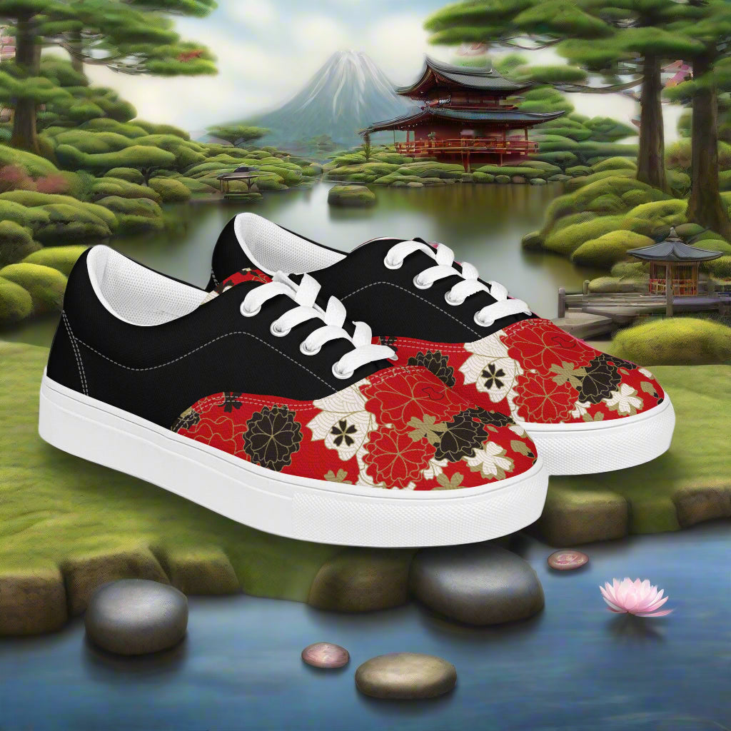 WildSage Market Custom Lace-up Canvas Shoes black and red floral Japanese pattern with white sole