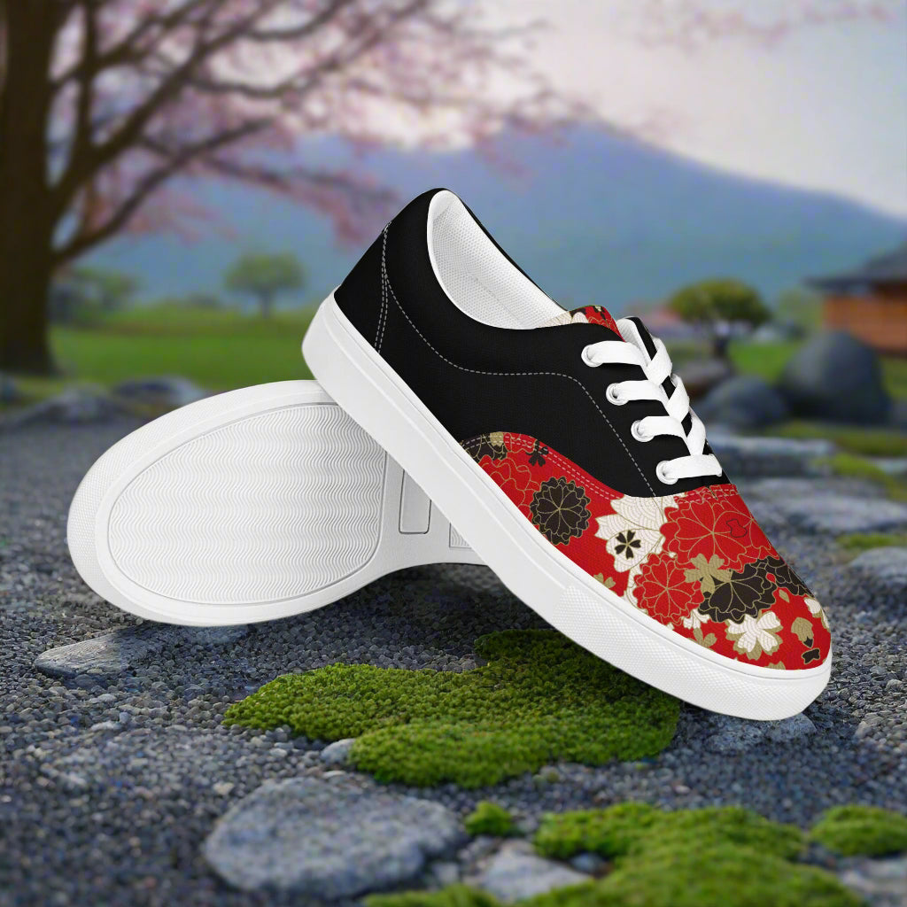 WildSage Market Custom Lace-up Canvas Shoes low top black with red floral pattern white laces and white sole