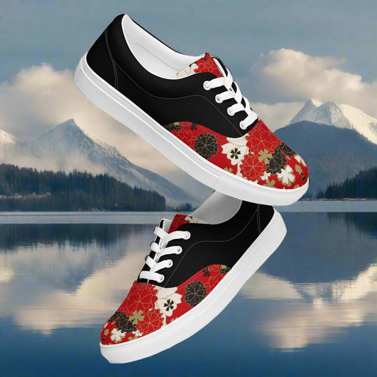 Custom Lace-up Canvas Shoes by WildSage Market black and red floral low top with white sole