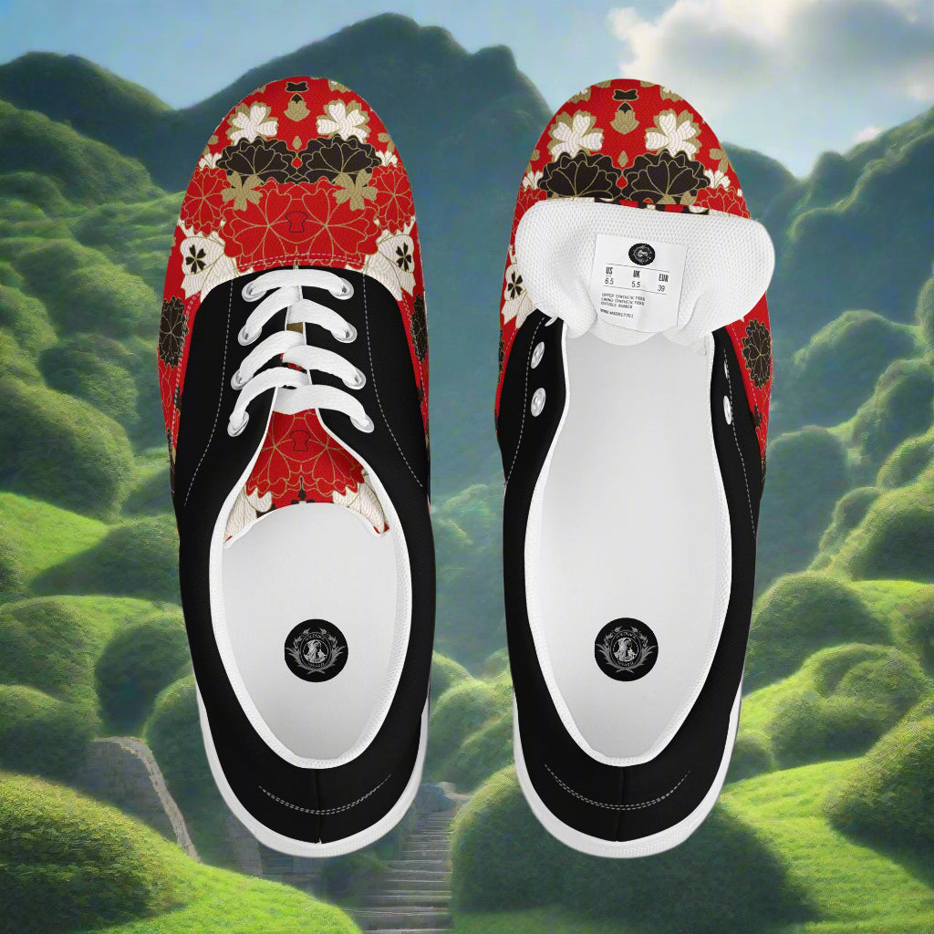 Custom Lace-up Canvas Shoes WildSage Market red floral pattern black trim white laces top view