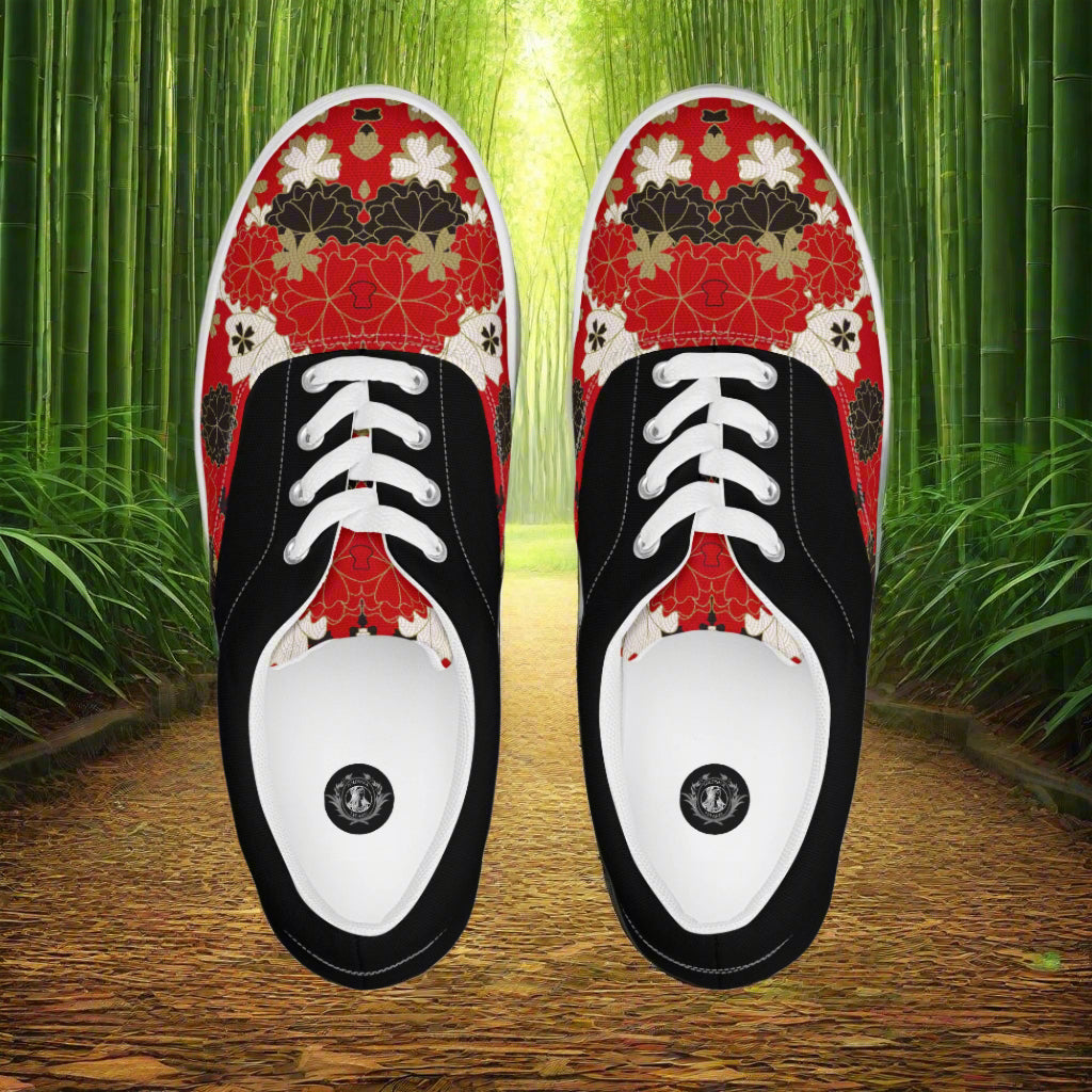 Custom Lace-up Canvas Shoes from WildSage Market red and black floral canvas with white laces top view on bamboo path