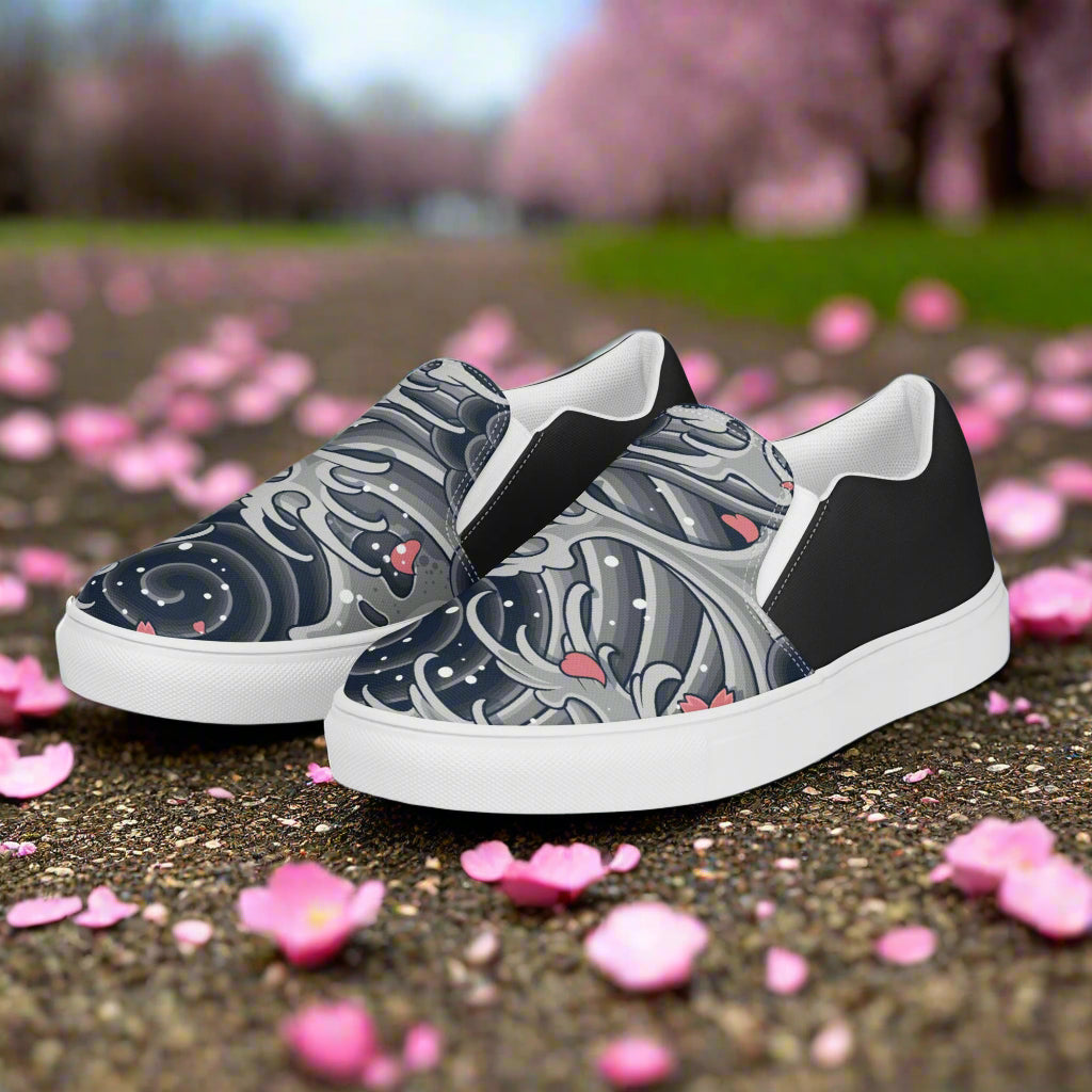 Sea Storm Halftone Slip-on Canvas Shoes with a unique wave design and pink accents