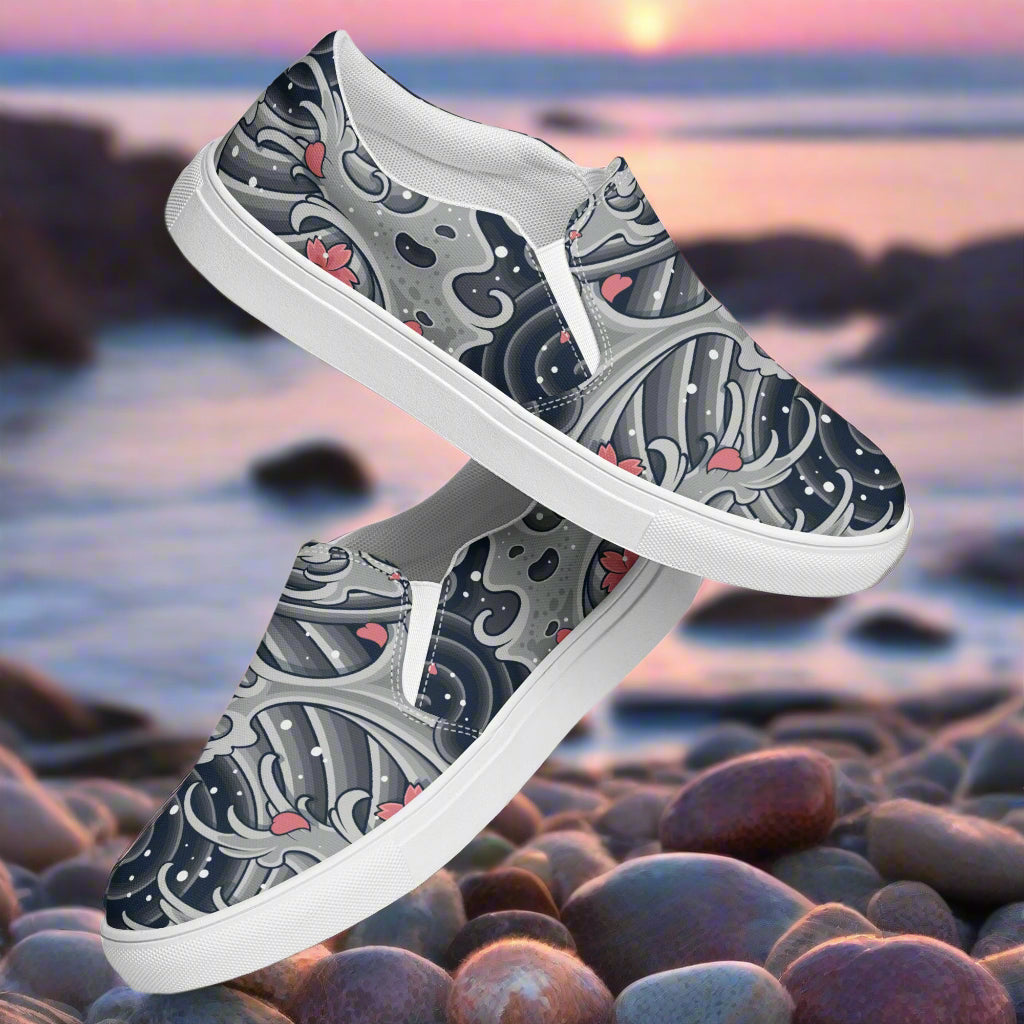WildSage Market Sea Storm print womens slip on canvas shoes with gray and pink wave design