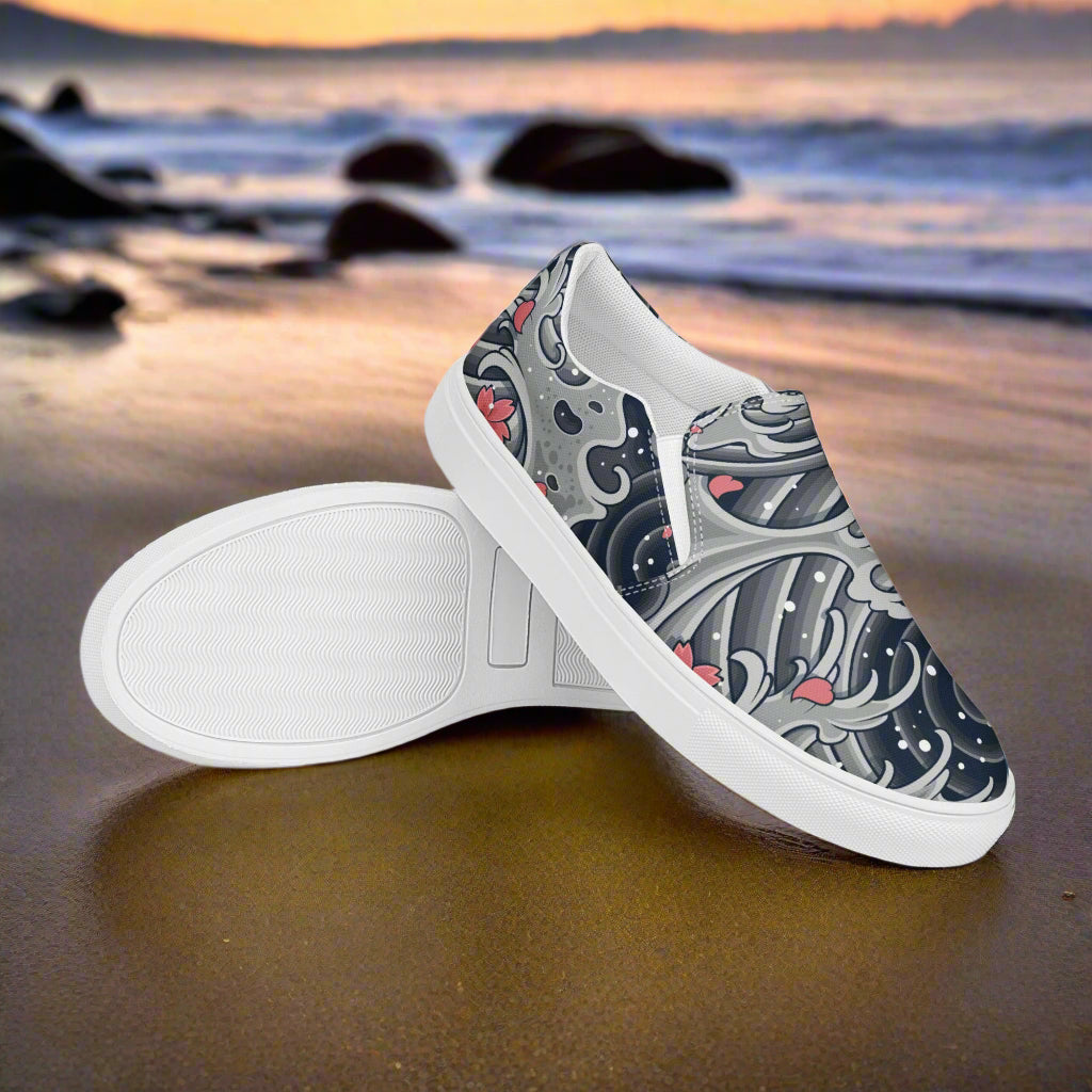 Sea Storm print womens slip on canvas shoes by WildSage Market with wave and heart design