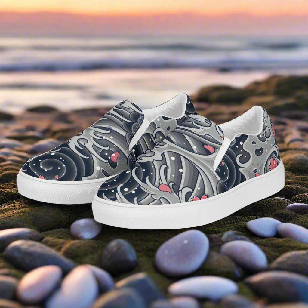 Sea Storm print womens slip on canvas shoes by WildSage Market with navy and pink wave design