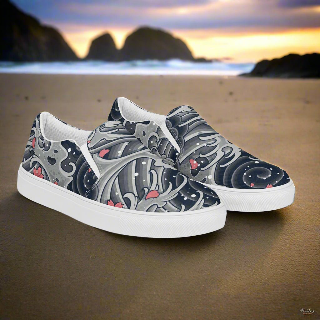Sea Storm print womens slip on canvas shoes by WildSage Market with wave design and white soles