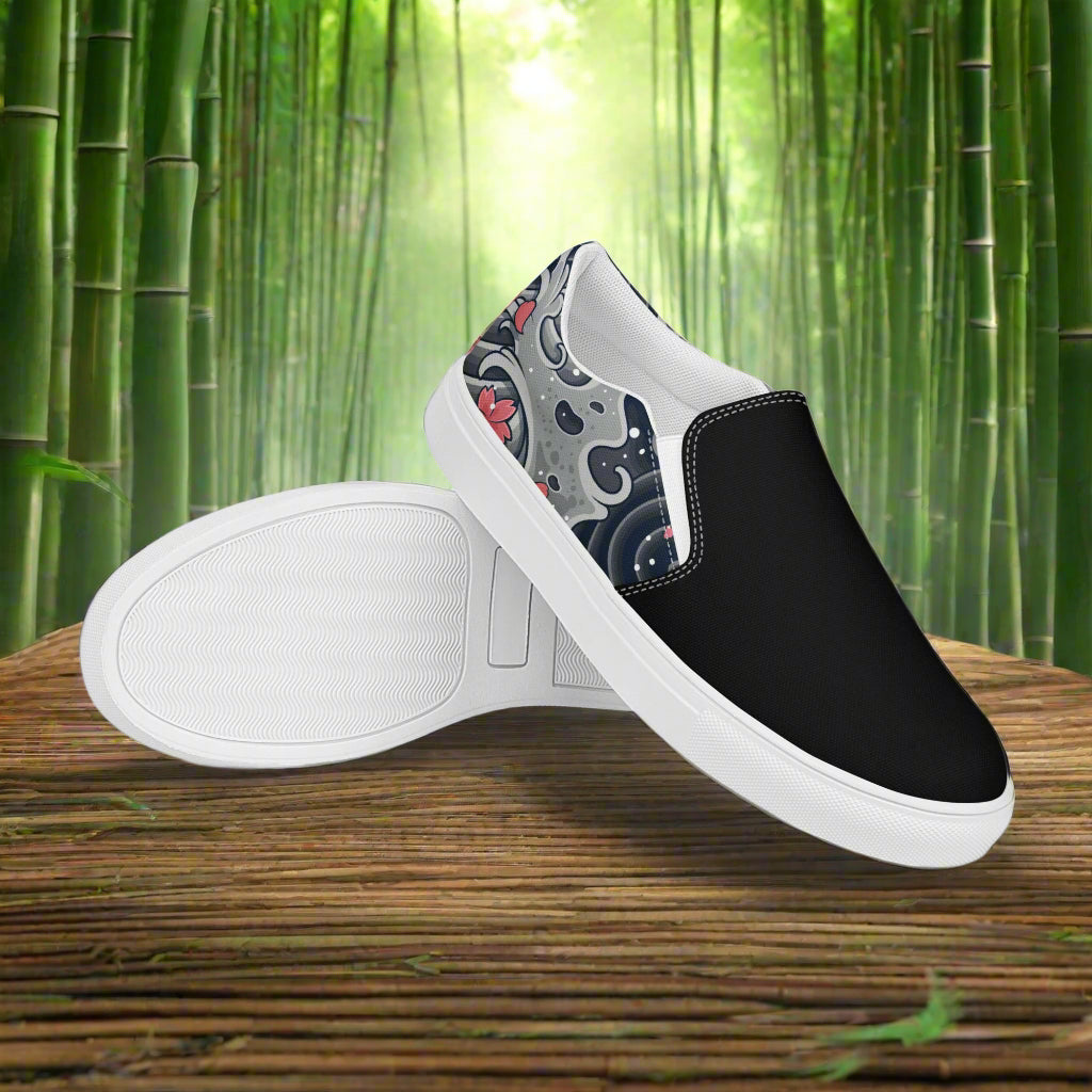 Sea Storm Two Tone Slip-on Canvas Shoes with Floral Design on Blue and Black Background