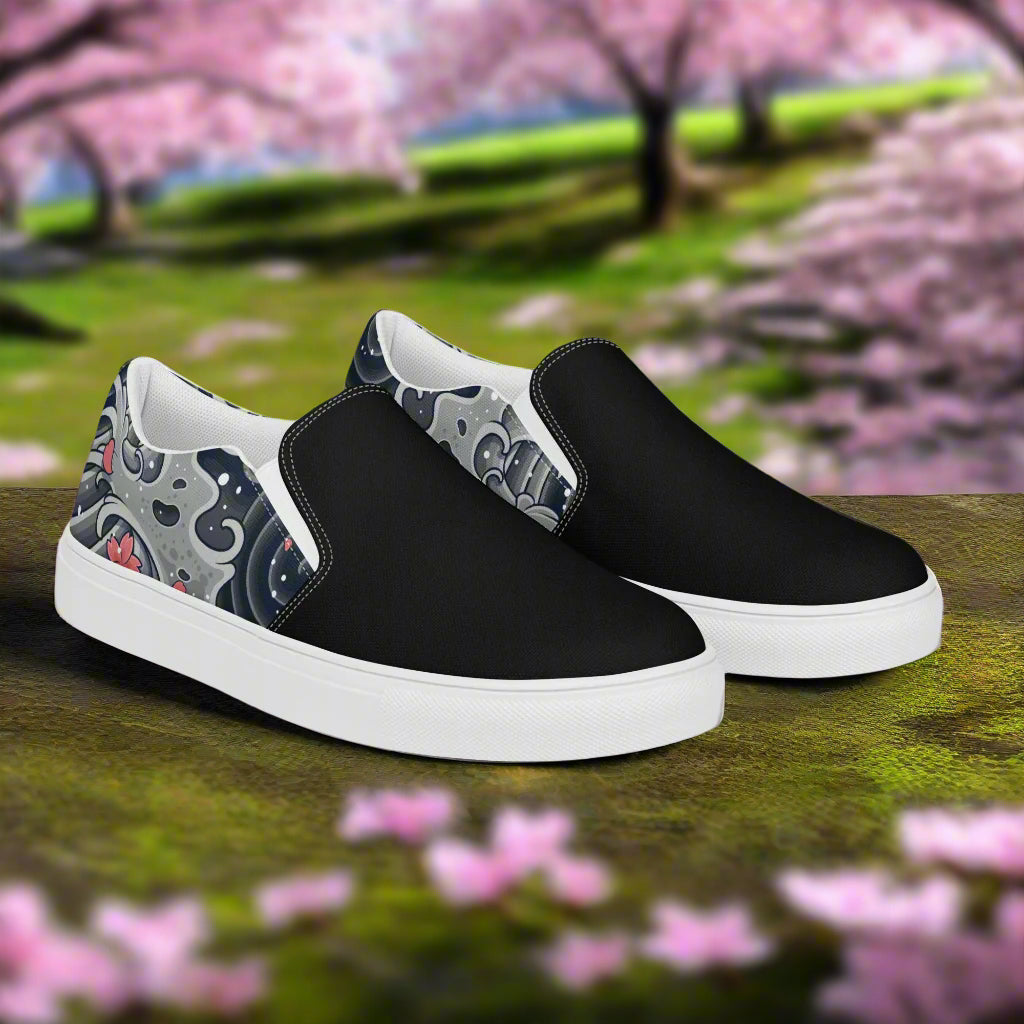 Sea Storm Two Tone Slip-on Canvas Shoes with Floral Design on a Black Background
