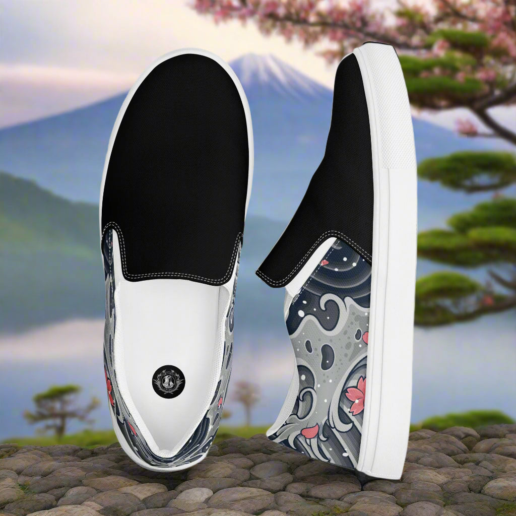 Sea Storm Two Tone Slip-on Canvas Shoes featuring a stylish black and floral design on the sides