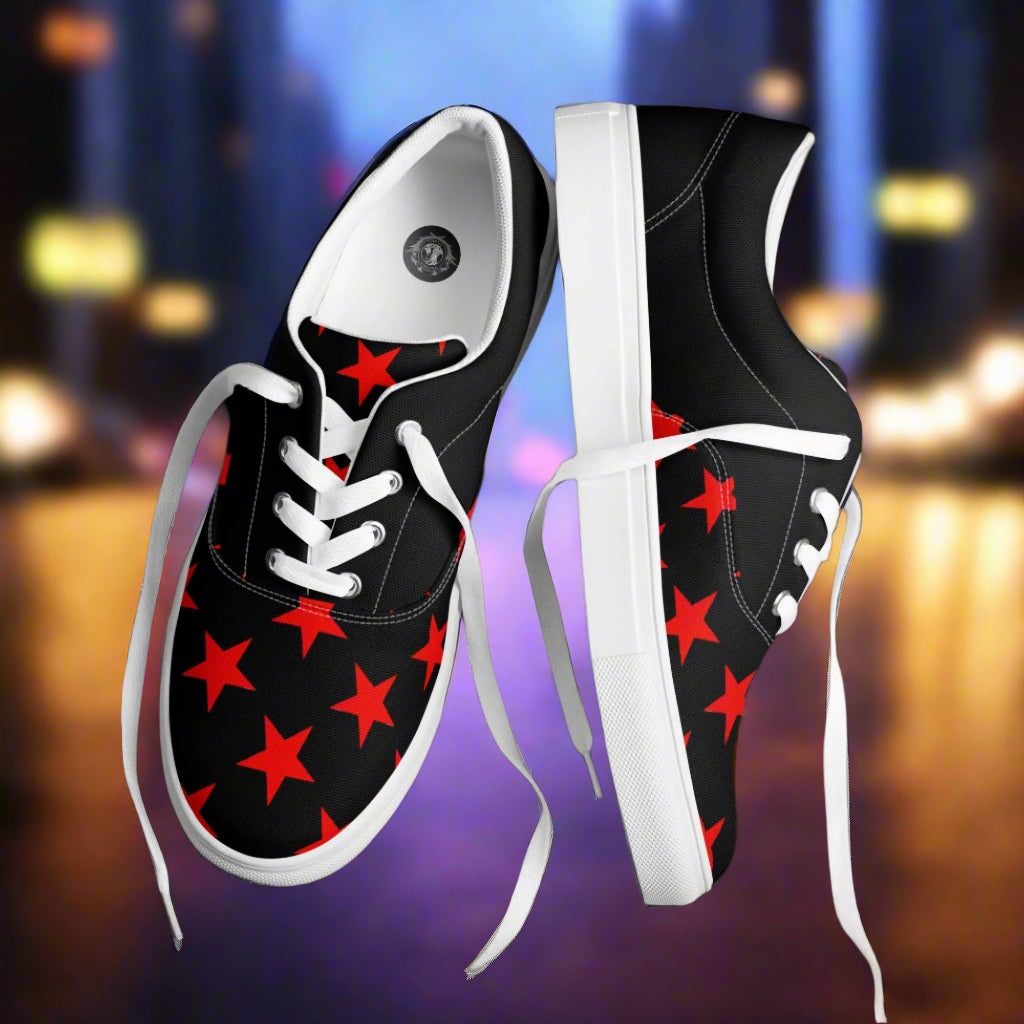 lace up red star pattern canvas shoes with white laces and soles