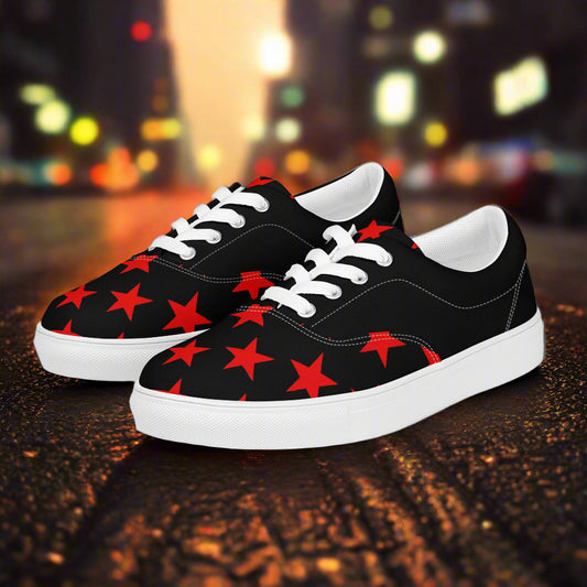 WildSage Market lace up red star pattern canvas shoes with white laces and soles