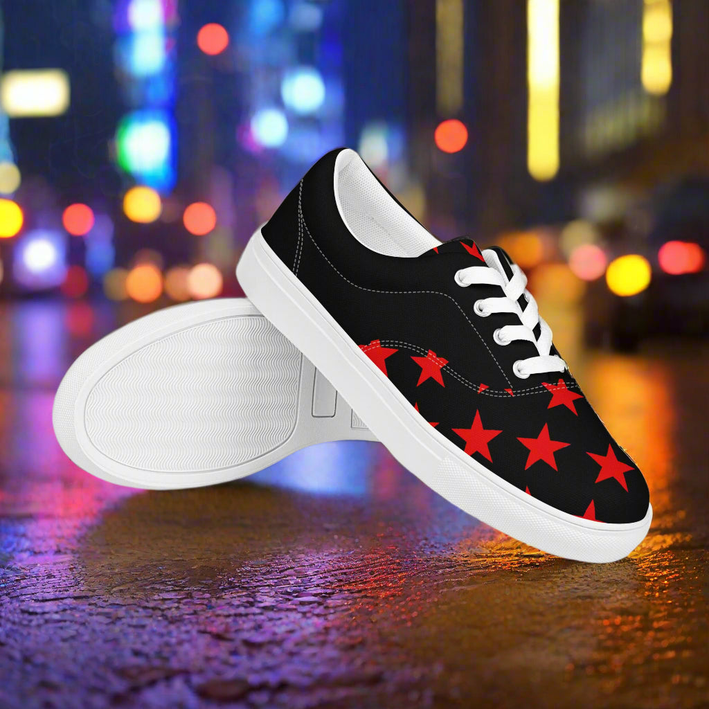 WildSage Market lace-up red star pattern canvas shoes with white soles and laces on city street