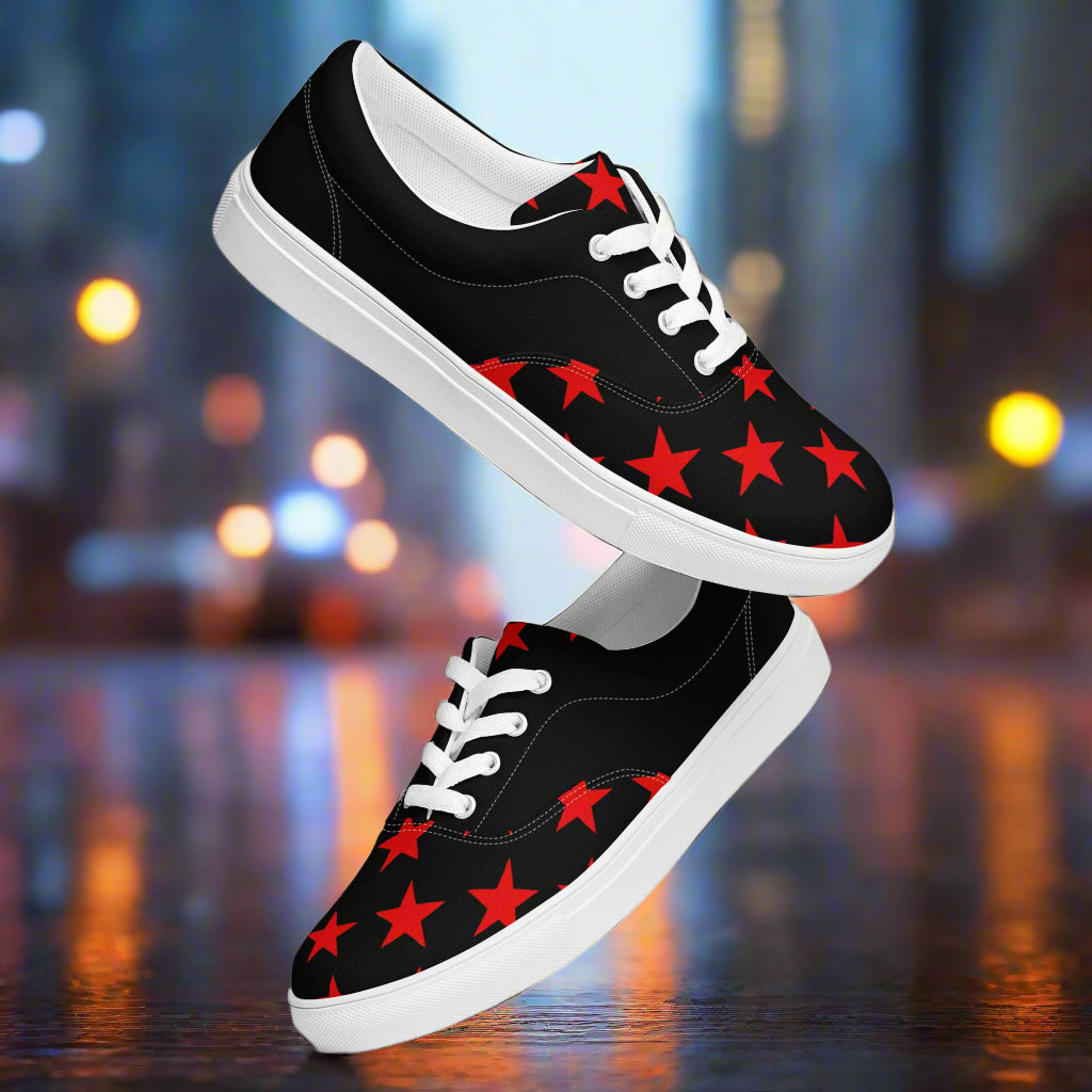WildSage Market lace up red star pattern canvas shoes with white laces and rubber sole