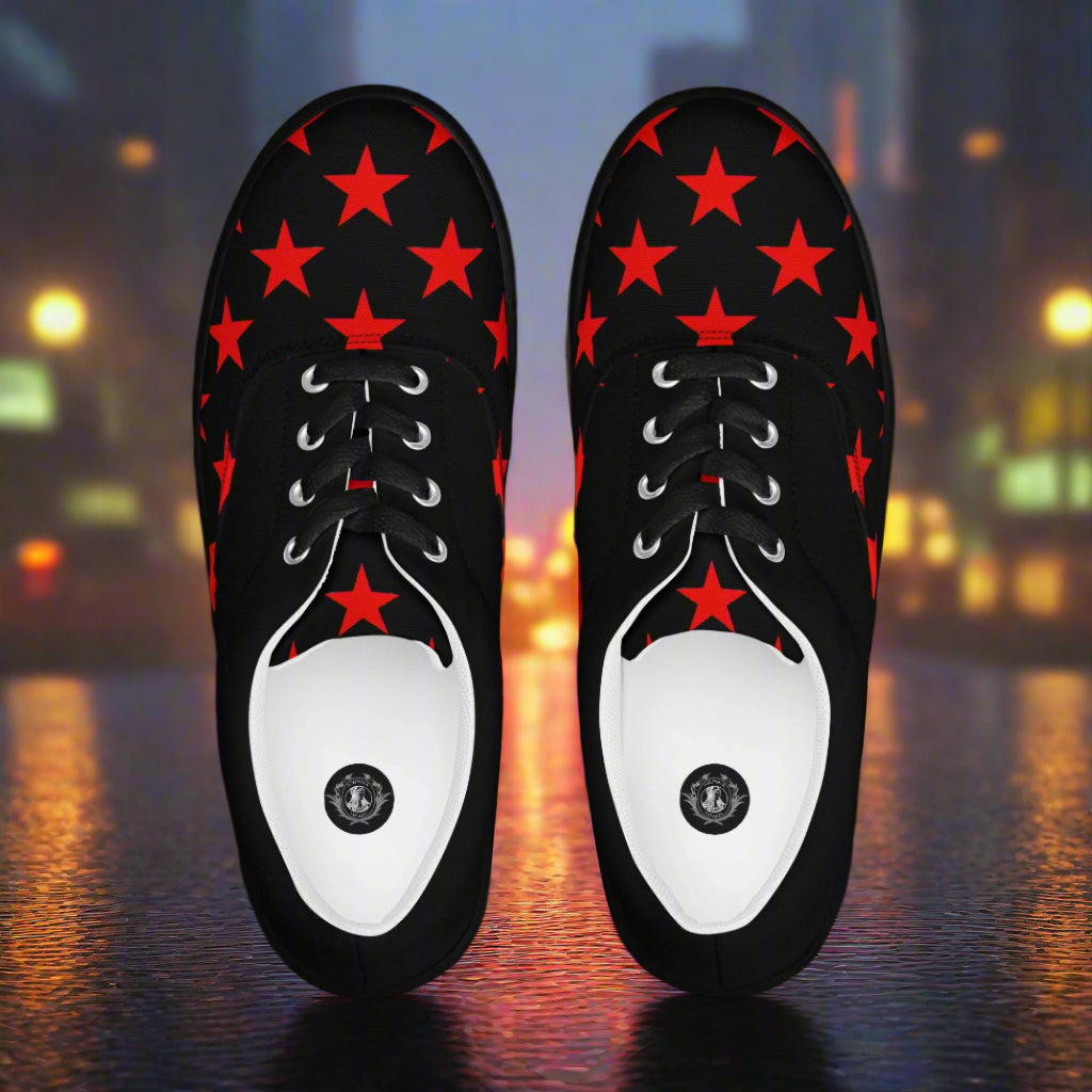WildSage Market lace-up canvas shoes featuring a lace up red star pattern on black fabric