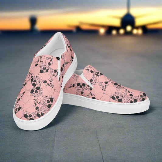WildSage Market slip on shoes with pink skull pattern on a white sole for casual wear