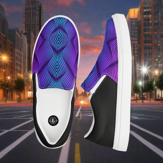 Skater Blue Halftone Slip-on Canvas Shoes with a vibrant purple and black design for stylish comfort