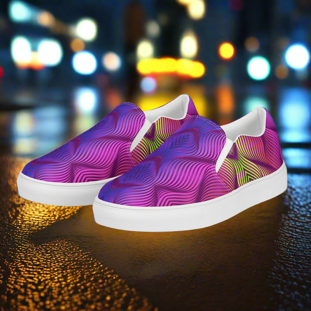 Skater Purple Slip-on Canvas Shoes with vibrant wave patterns for casual, trendy wear