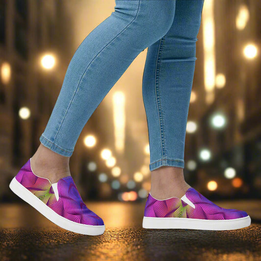Skater Purple Slip-on Canvas Shoes worn with jeans in a vibrant urban setting