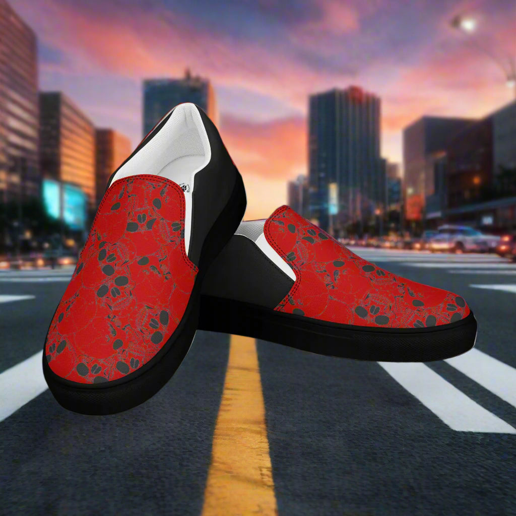 Skull Pile Crimson Halftone Slip-On Canvas Shoes with Bold Red and Black Design for Casual Wear