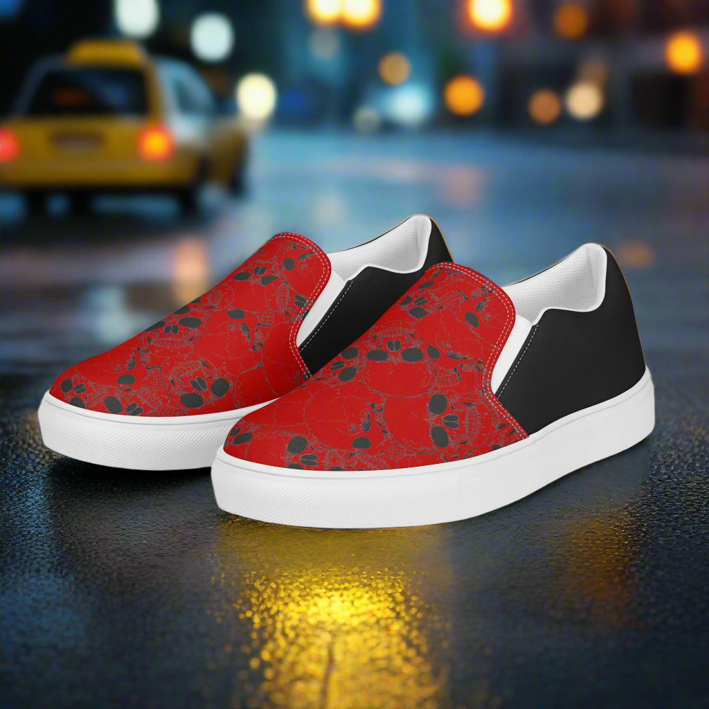 Skull Pile Crimson Halftone Slip-On Canvas Shoes by WildSage with vibrant red and black design