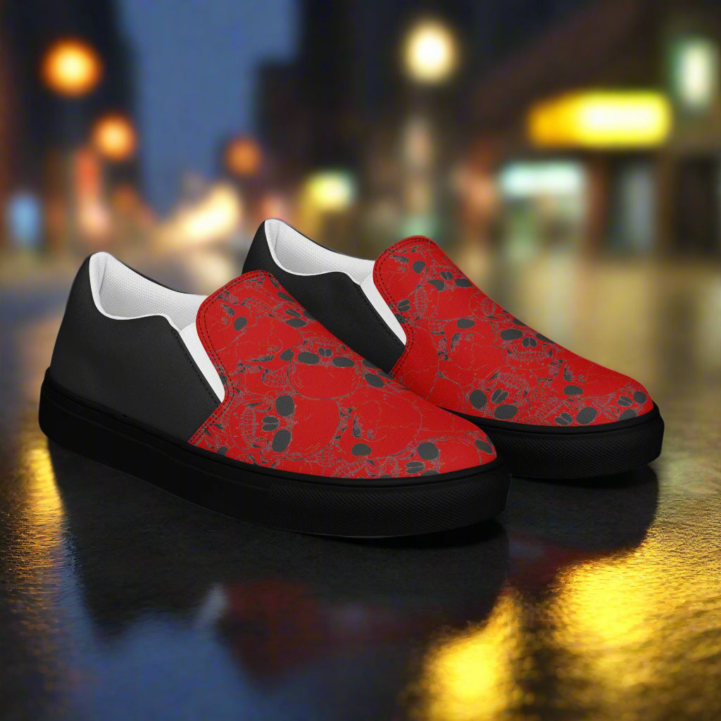 WildSage Skull Pile Crimson Halftone Slip-On Canvas Shoes with a bold red and black design