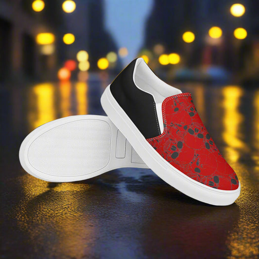 WildSage Skull Pile Crimson Halftone Slip-On Canvas Shoes featuring a vibrant red skull design
