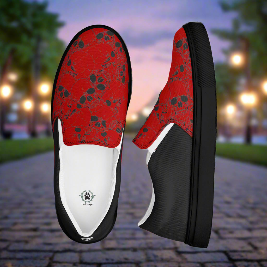 WildSage Skull Pile Crimson Halftone Slip-On Canvas Shoes with Bold Red and Black Skull Design