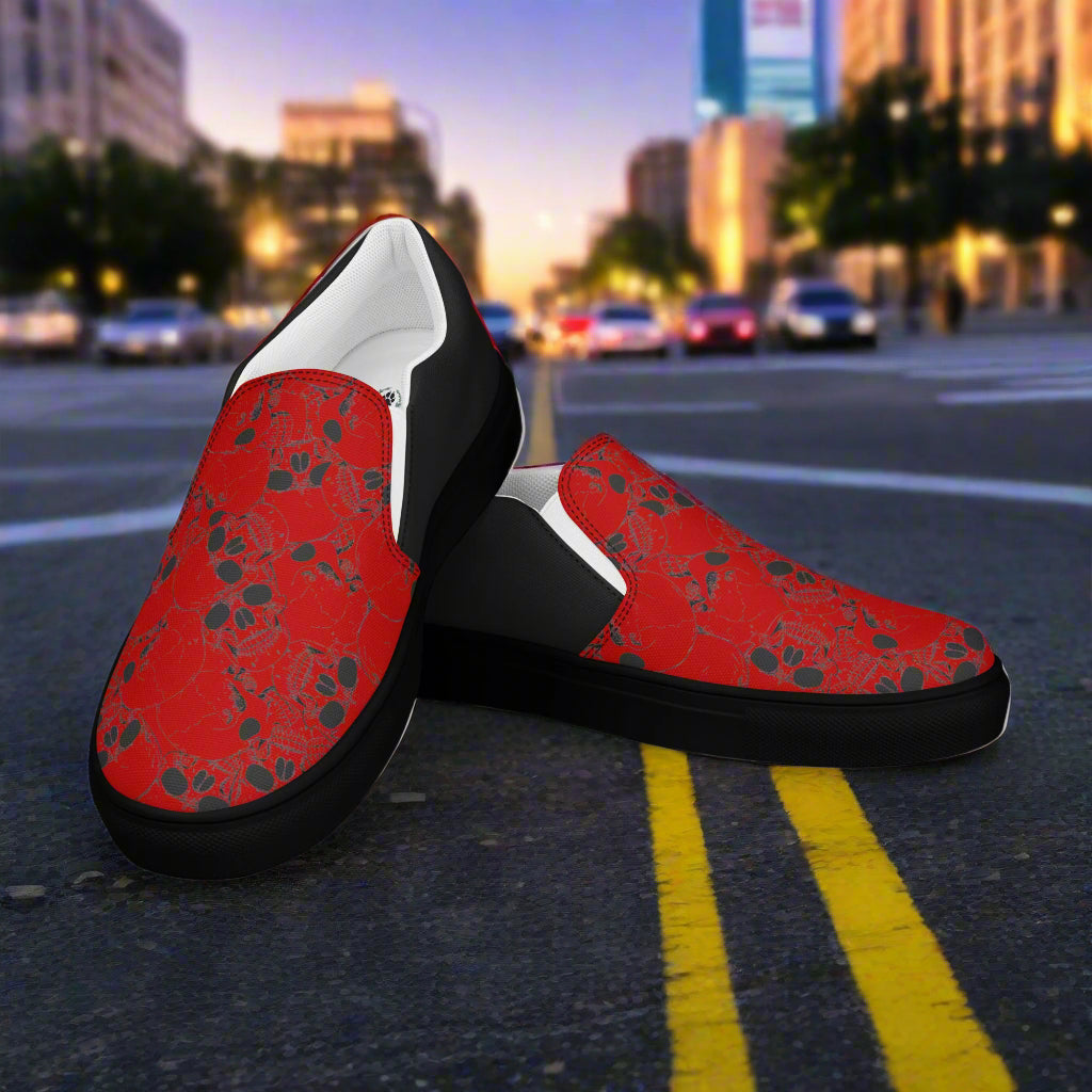 Skull Pile Crimson Halftone Slip-On Canvas Shoes by WildSage with bold red skull design