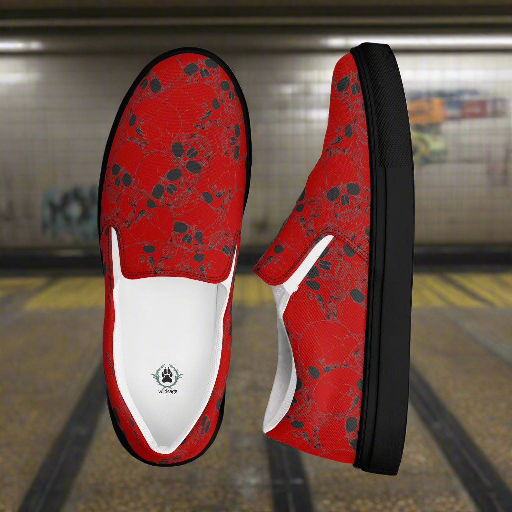 Skull Pile Crimson Slip-On Canvas Shoes with bold red and black skull design for trendy casual wear
