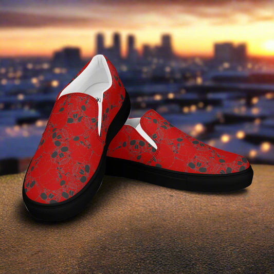 Skull Pile Crimson Slip-On Canvas Shoes featuring a vibrant red design and skull pattern