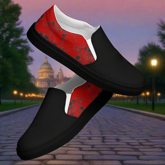Skull Pile Crimson Two Tone Slip-On Canvas Shoes featuring a striking red and black design for stylish comfort.