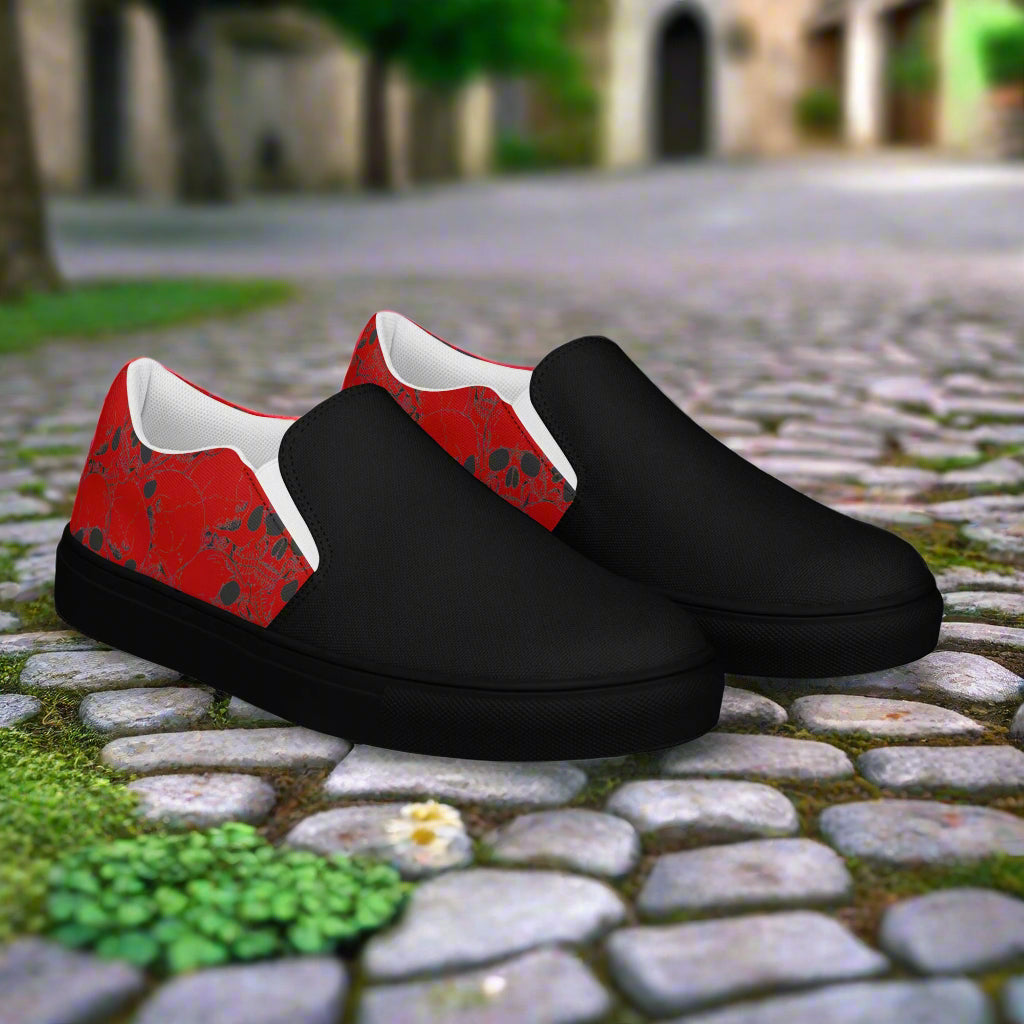 Skull Pile Crimson Two Tone Slip-On Canvas Shoes featuring a stylish black and red design