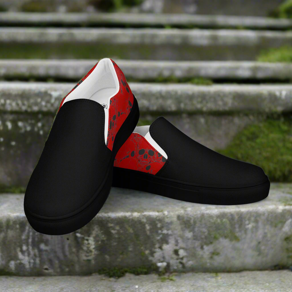 Skull Pile Crimson Two Tone Slip-On Canvas Shoes by WildSage with stylish red and black design