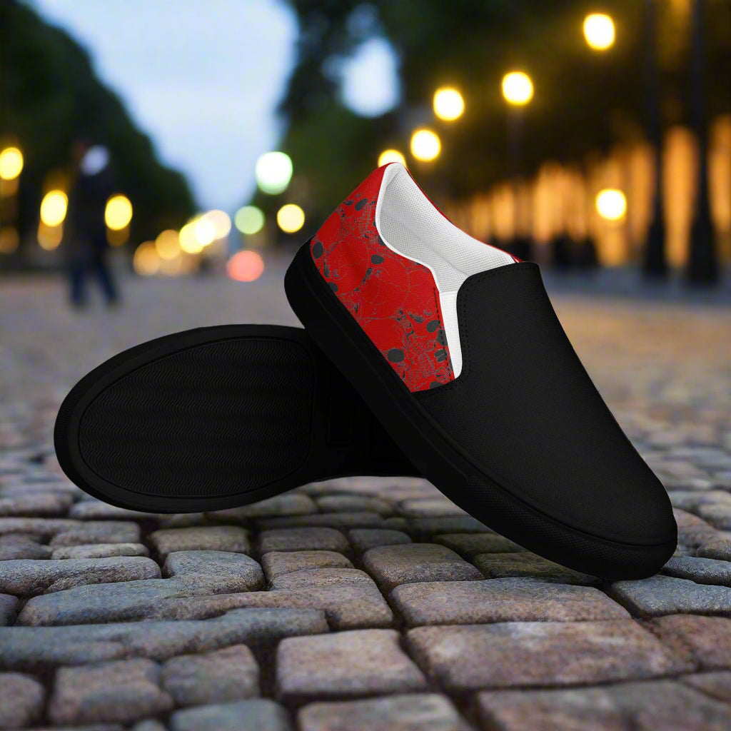 Skull Pile Crimson Two Tone Slip-On Canvas Shoes featuring a stylish design with a vibrant red pattern