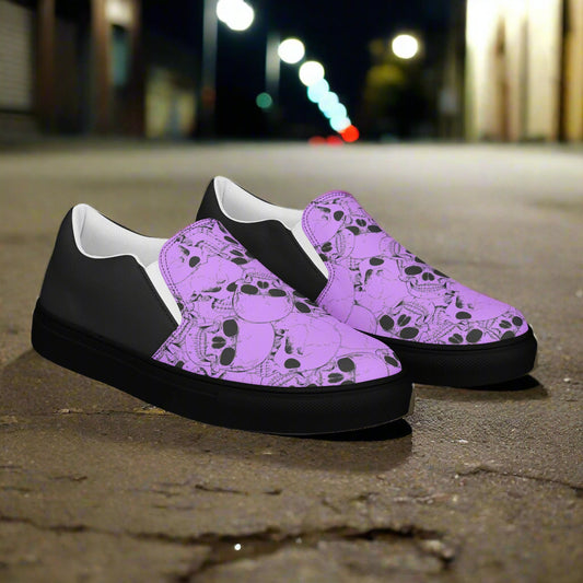 Skull Pile Purple Halftone Slip-On Canvas Shoes by WildSage with unique skull design