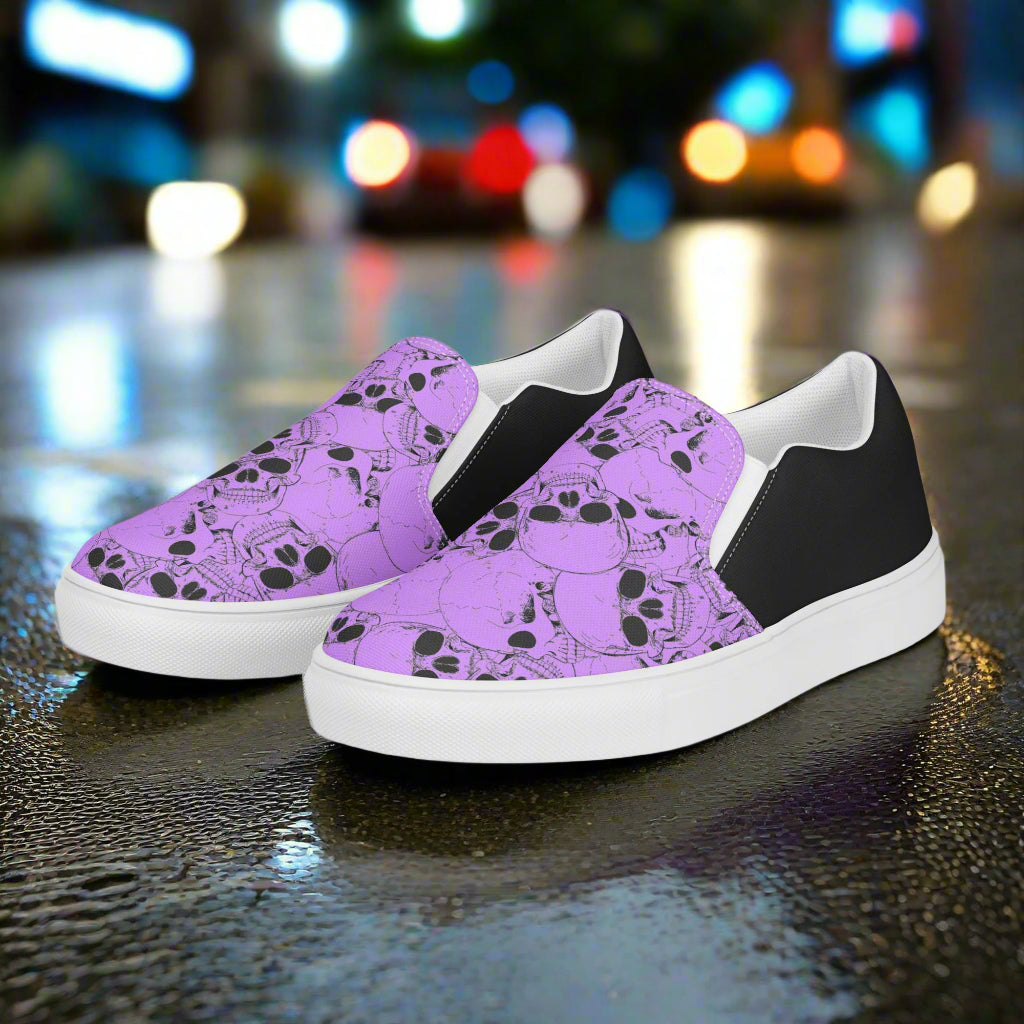 WildSage Skull Pile Purple Halftone Slip-On Canvas Shoes with unique skull design and comfortable fit