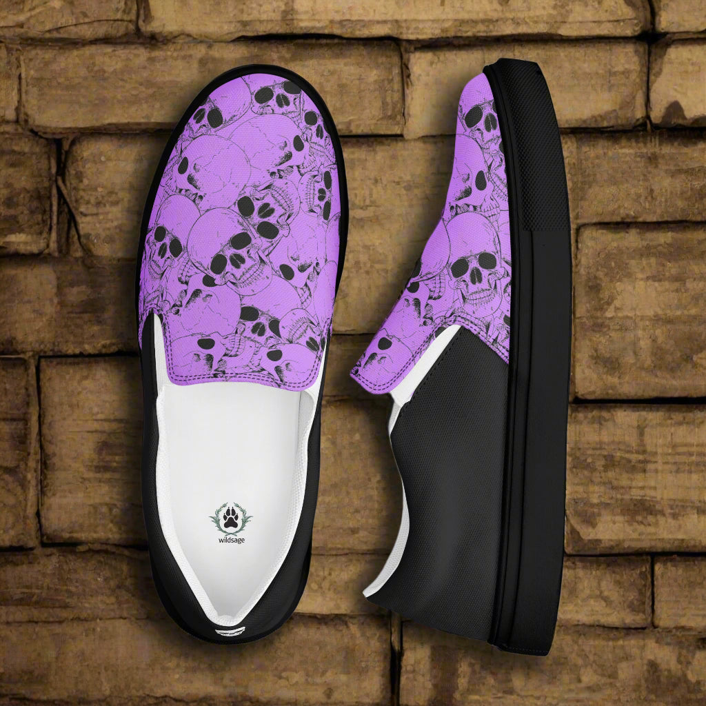 Skull Pile Purple Halftone Slip-On Canvas Shoes by WildSage with vibrant skull design