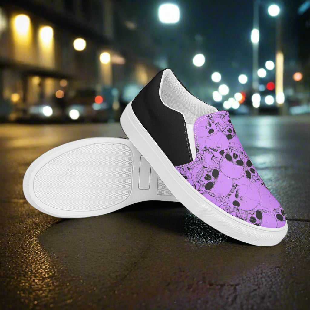 WildSage Skull Pile Purple Halftone Slip-On Canvas Shoes featuring a unique skull design