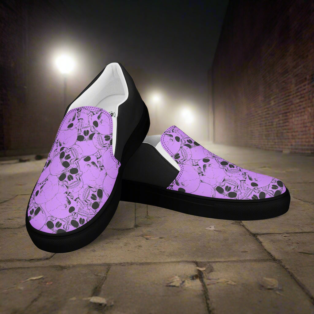 Skull Pile Purple Halftone Slip-On Canvas Shoes designed for trendy and casual footwear lovers