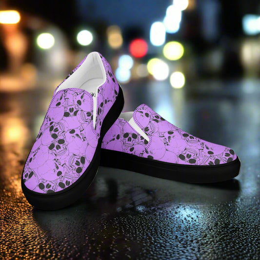 WildSage Skull Pile Purple Slip-On Canvas Shoes featuring a unique skull pattern on a vibrant purple background